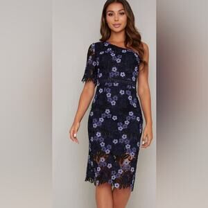 Chi Chi London Lenka Lace One Shoulder Special Occasion Dress Blue Size 12 NWT